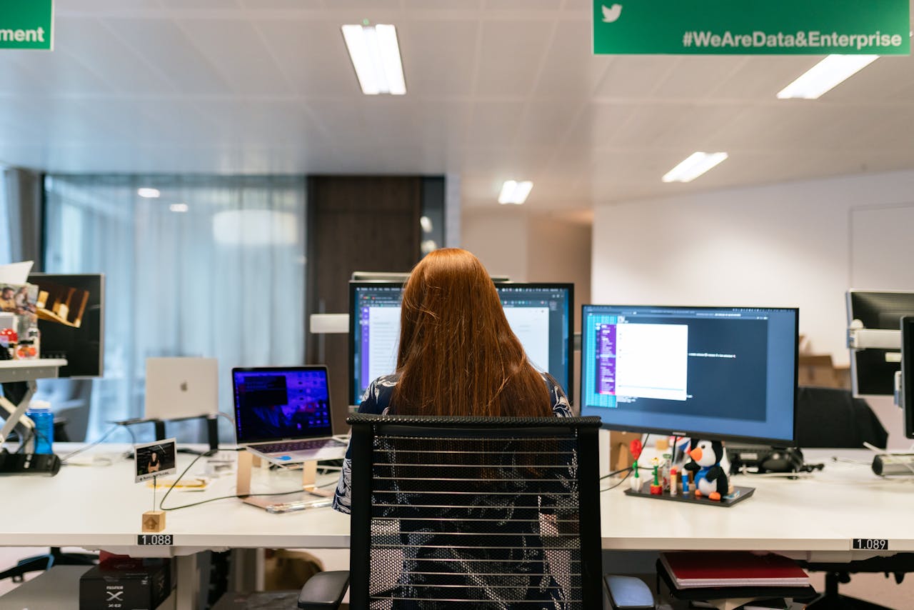 services-04 Back view of a female software engineer working at a multi-monitor setup in an office.